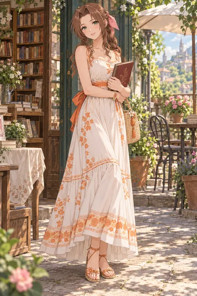 Aerith Gainsborough · Back-tie maxi + woven sandals