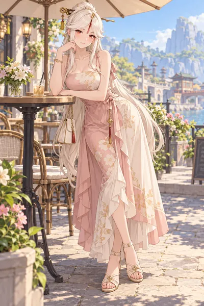 Ningguang · Back-tie maxi + woven sandals