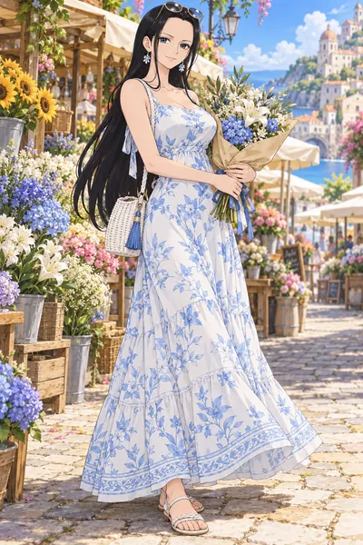 Nico Robin · Back-tie maxi + woven sandals
