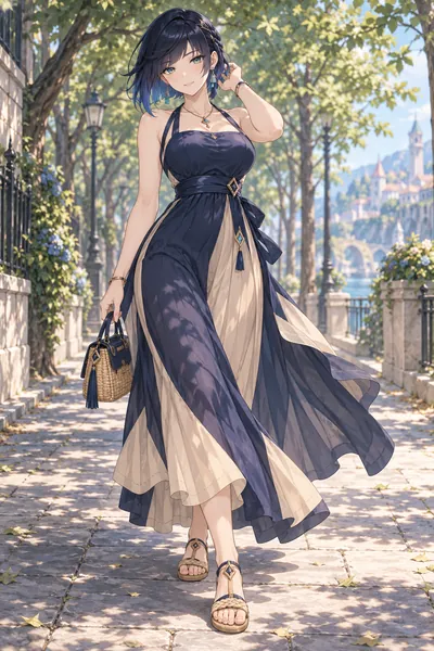 Yelan · Back-tie maxi + woven sandals