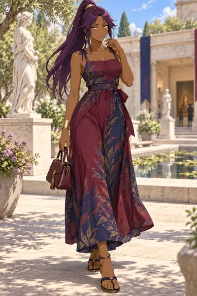 Yoruichi Shihoin · Back-tie maxi + woven sandals