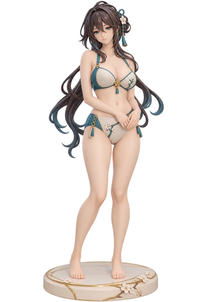 Ruan Mei · Bikinis + summer figures · Teal ivory color-block bikini
