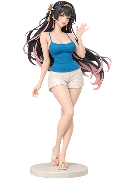Astra Yao · Blue camisole + shorts · Ivory shorts