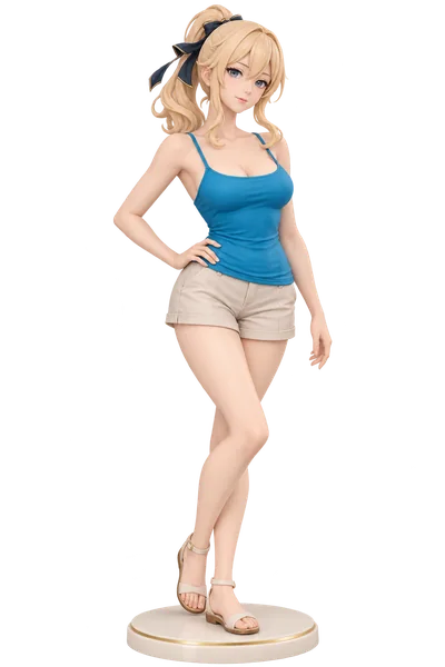 Jean · Blue camisole + shorts · Beige shorts