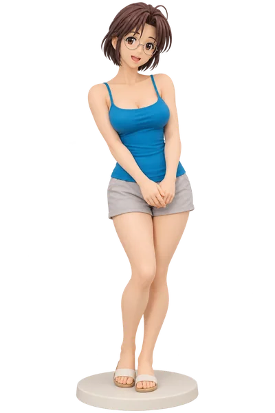 Yoriko Nikaido · Blue camisole + shorts · Light gray cotton shorts