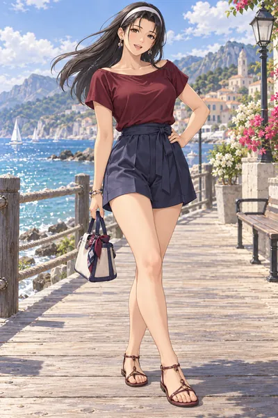 카자마 준 · 보트넥 톱＋새틴 반바지