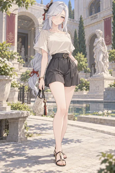 Shenhe · Boatneck top + satin shorts