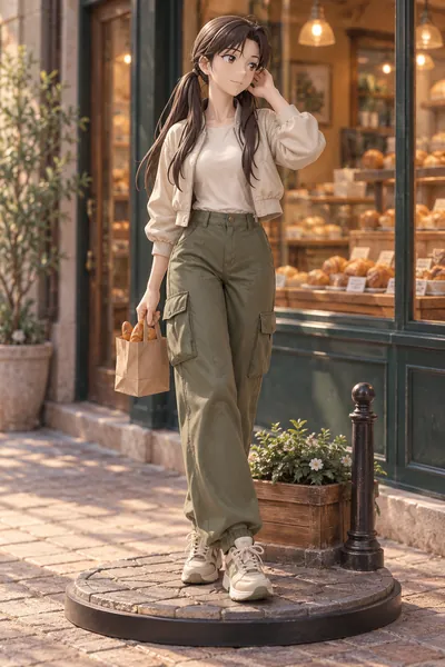 Naeko Miike · Bomber jacket + cargo pants · full-body fan figure outfit