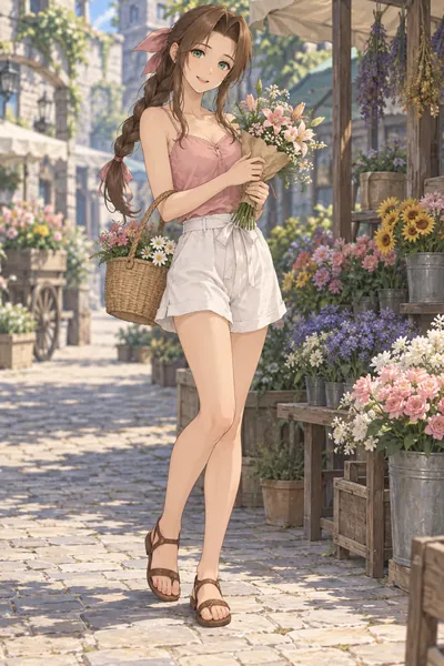Aerith Gainsborough · full-body camisole and shorts fan outfit illustration