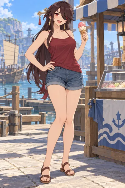 Beidou · full-body camisole and shorts fan outfit illustration