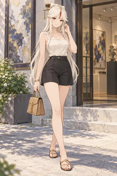 Ningguang · full-body camisole and shorts fan outfit illustration