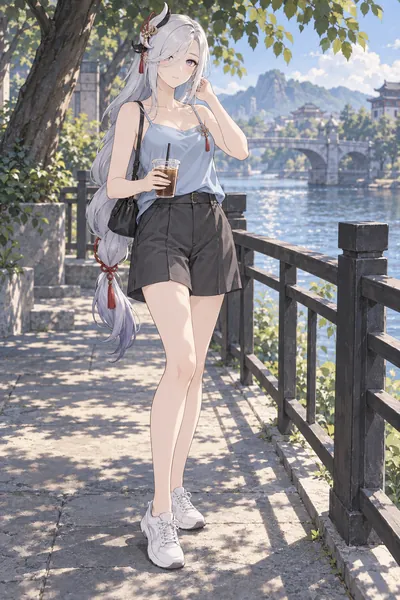 Shenhe · full-body camisole and shorts fan outfit illustration