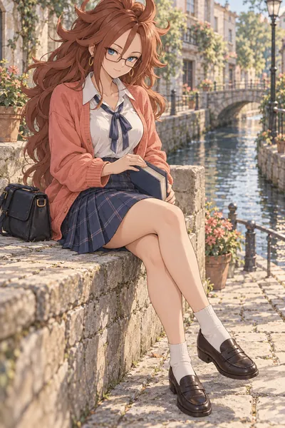Android 21 · Preppy cardigan + pleated skirt