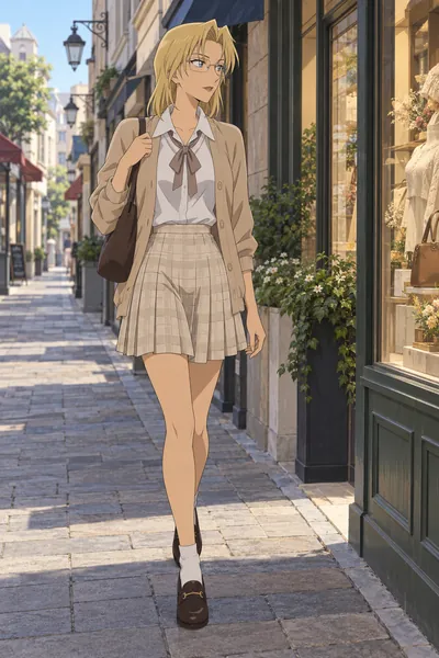 Jodie Starling · Preppy cardigan + pleated skirt