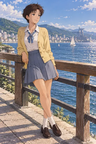 Maya Ibuki · Preppy cardigan + pleated skirt