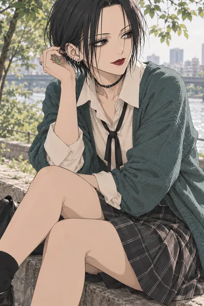 Nana Osaki · Preppy cardigan + pleated skirt