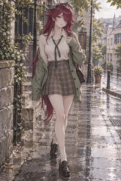 Rosaria · Preppy cardigan + pleated skirt