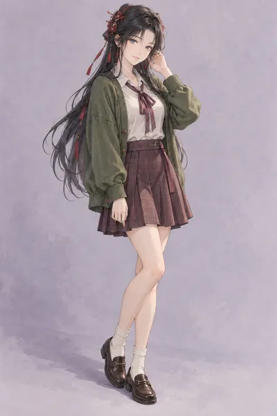 Yan Lingji · Preppy cardigan + pleated skirt