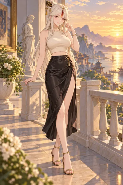 Ningguang · Cropped tank + slit skirt