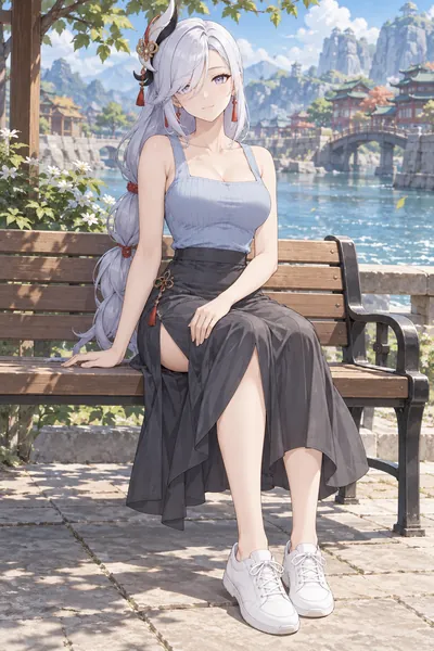 Shenhe · Cropped tank + slit skirt