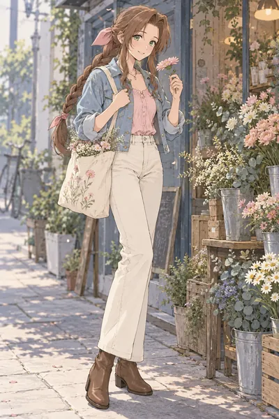 Aerith Gainsborough · full-body denim casual fan outfit illustration