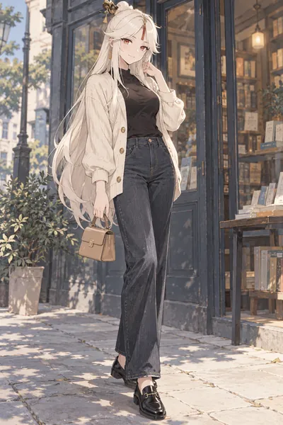 Ningguang · full-body denim casual fan outfit illustration