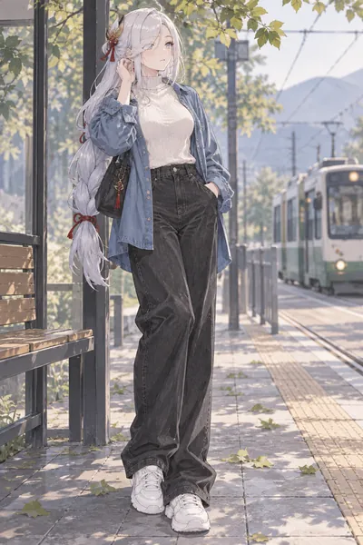Shenhe · full-body denim casual fan outfit illustration