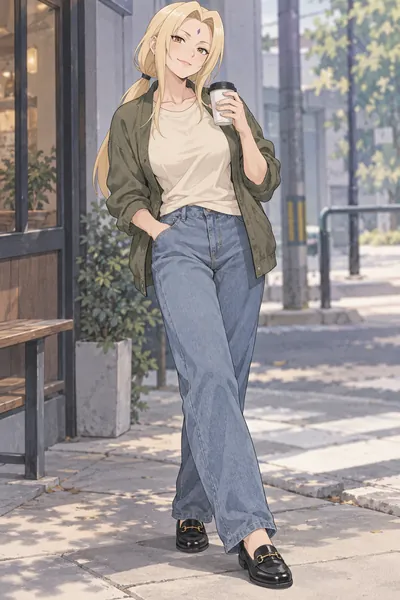 Tsunade · full-body denim casual fan outfit illustration