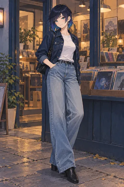 Yelan · full-body denim casual fan outfit illustration
