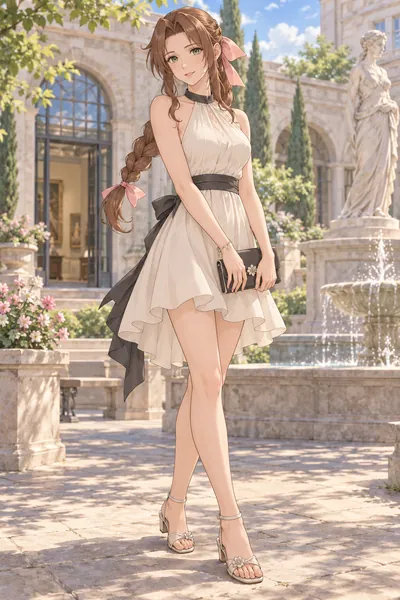 Aerith Gainsborough · Halter minidress + strappy sandals