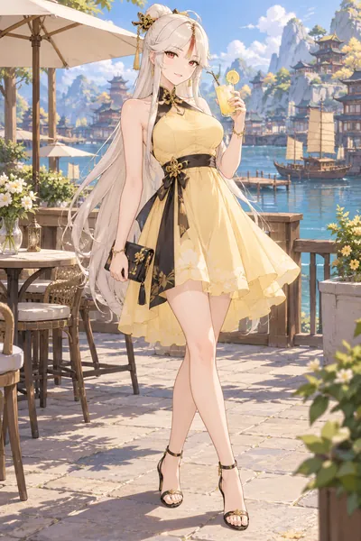 Ningguang · Halter minidress + strappy sandals