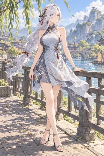 Shenhe · Halter minidress + strappy sandals