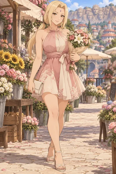 Tsunade · Halter minidress + strappy sandals