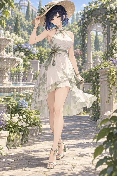 Yelan · Halter minidress + strappy sandals