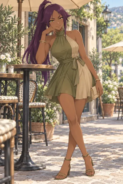 Yoruichi Shihoin · Halter minidress + strappy sandals
