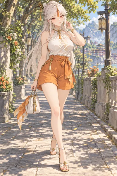 Ningguang · Halter top + linen shorts