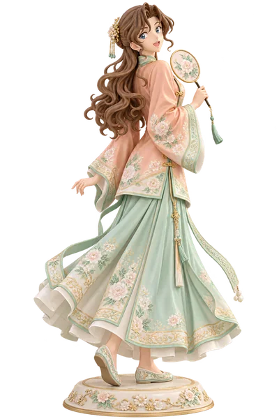 Yukiko Kudo · Hanfu + 3D figures · Standing-collar ao + mint mamian