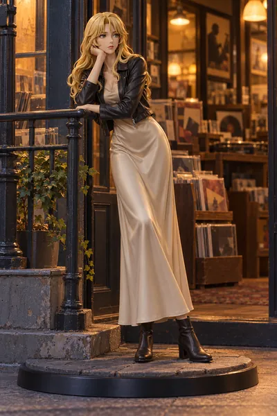 Julia · Leather jacket + slip dress · full-body fan figure outfit
