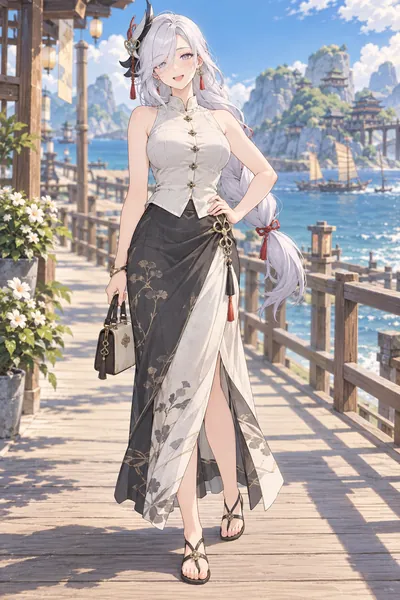 Shenhe · Linen vest + wrap skirt