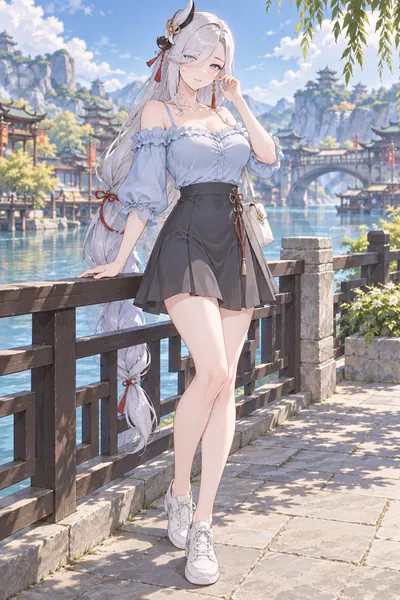 Shenhe · Off-shoulder top + miniskirt