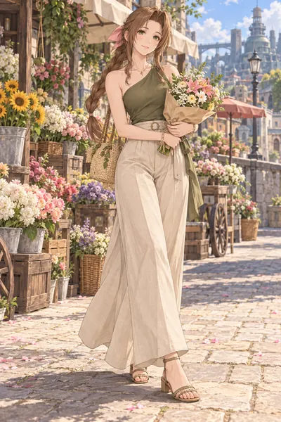 Aerith Gainsborough · One-shoulder top + wide-leg pants