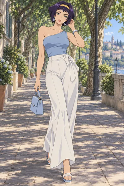 Faye Valentine · One-shoulder top + wide-leg pants