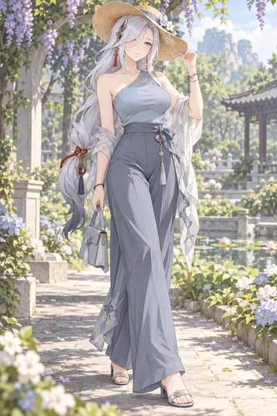 Shenhe · One-shoulder top + wide-leg pants