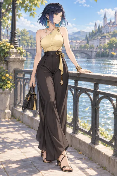 Yelan · One-shoulder top + wide-leg pants