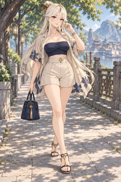 Ningguang · Open shirt + bandeau and shorts