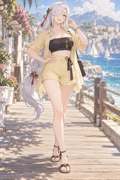 Shenhe · Open shirt + bandeau and shorts