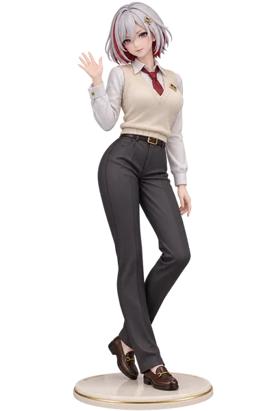 Topaz · School uniforms + academy figures · Knit vest + tailored trousers