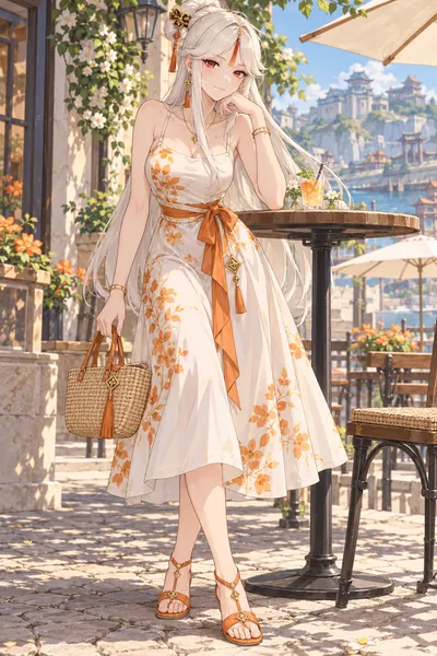 Ningguang · Slip dress + flat sandals