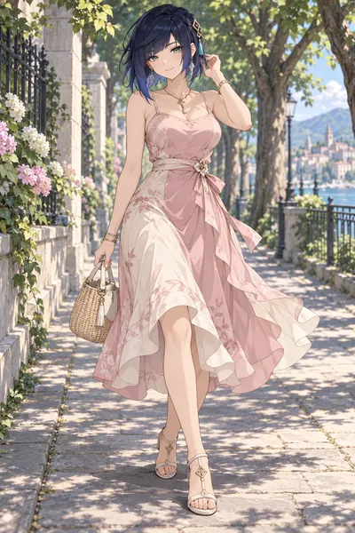 Yelan · Slip dress + flat sandals