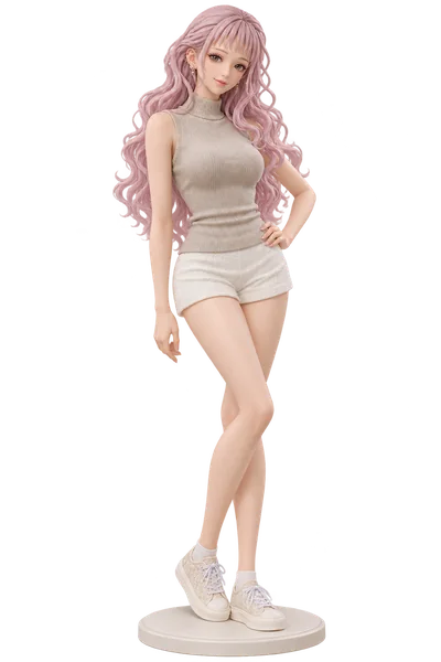 Reira Serizawa · Beige knit tank + shorts · transparent figure